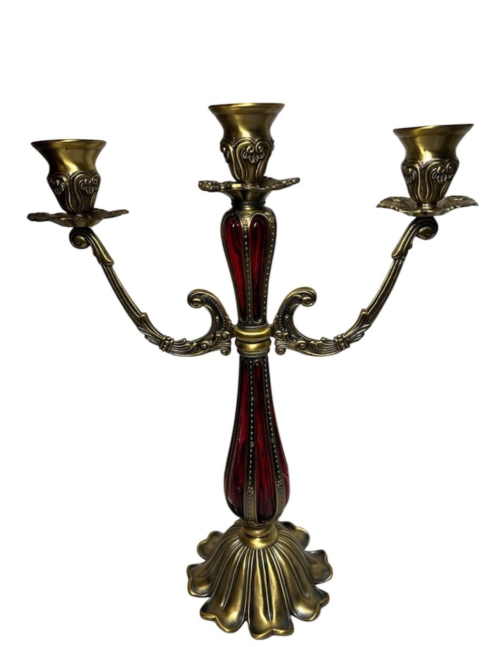 Vintage Brass and Red Glass Insert Three-Arm Candelabra
Victorian. Centrepiece